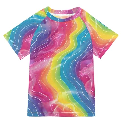 ALAZA Kids Rash Guard Boys Toddler Swim Shirts Short Sleeve Cartoon Rainbow UPF 50+ 3T