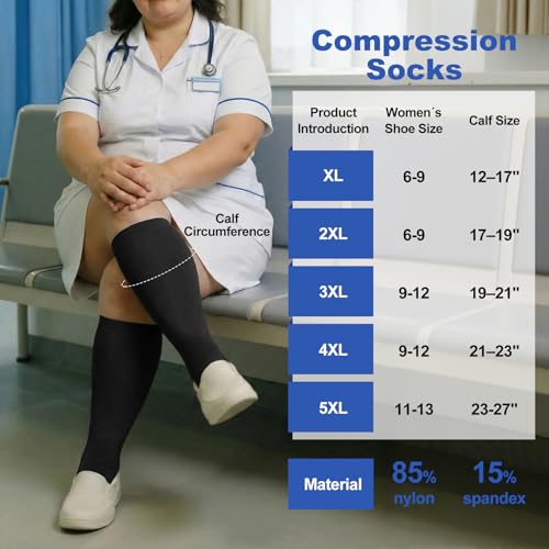 Image of Plus Size Compression Socks for Women Men Wide Calf L /XL-5XL (15-20mmhg) Knee High Socks Support Compression Stockings for Nurses and Flying