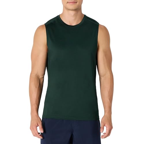 Amazon Essentials Herren Leichtes, Ärmelloses Muskelshirt Aus Schnelltrocknendem Funktionsstretch, Dunkelgrün, L