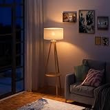 HOMCOM Lámpara de Pie Trípode con Estante Lámpara de Pie Salón con Pantalla de Lino Interruptor de Pie para Sala de Estar Oficina Dormitorio Beige y Natural