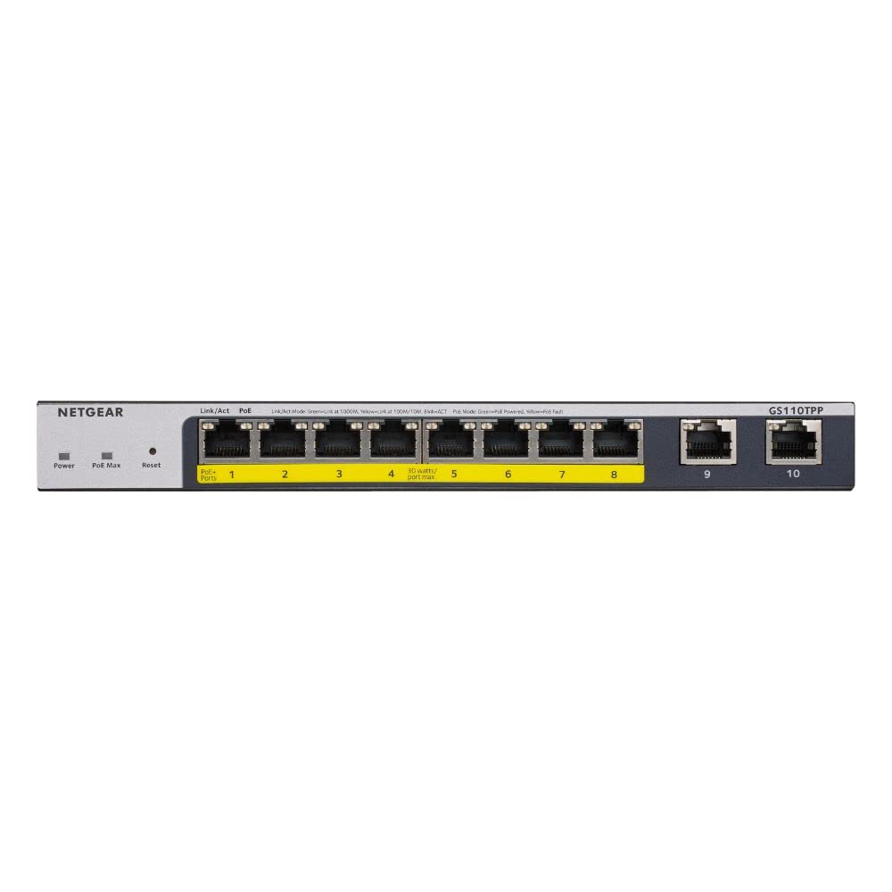 NETGEAR Switch PoE Gigabit Ethernet Smart de 10 Puertos GS110TP |Gestionado con 8X PoE+ a 55W, 2X 1G SFP |Gestión Insight Opcional |Montaje de sobremesa o Pared