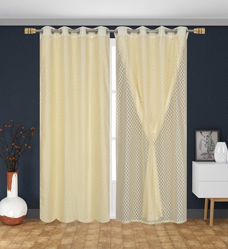 Image of IVAZA Faux Silk Hybrid Designer 100% Blackout Curtain 2-in-1 |Dual-Layer Design with Decorative Mesh Overlay & Tie Ribbon|100% Light Blocking,Thermal Insulated, Door- 7 Feet (Pack of 1) Cream