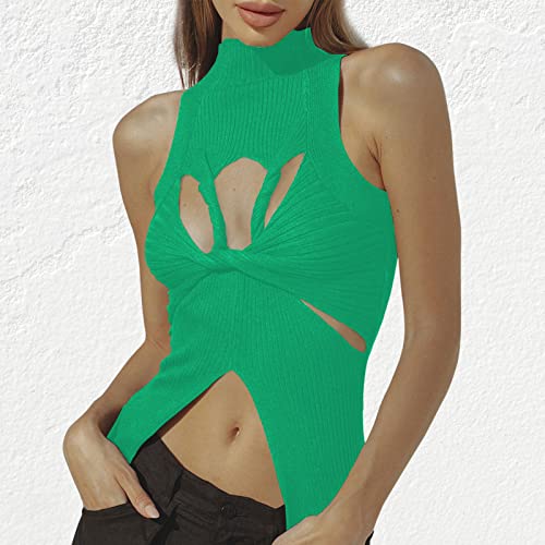 Image of Women Strapless Crop Top Sexy Hollow Out Twist Front Knitted Tank Tops Sleeveless Y2K High Neck Cut Out Sweater Vest