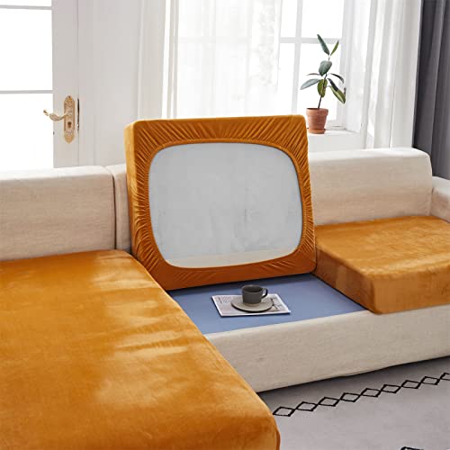 MIFXIN Velvet Stretch Couch Cushion Slipcover Sofa Cover 1 Piece Universal Elastic Sofa Seat Couch Cover Furniture Protector (Orange, 3-Seater) by MIFXIN - Used condition - Image 5