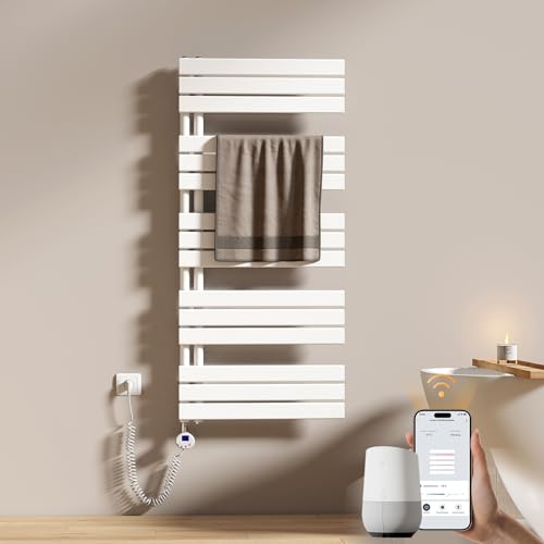 EMKE WiFi Badheizkörper Elektrisch 1320x600 mm - Flach Handtuchheizkörper Elektrisch, Elektrischer Handtuchwärmer Handtuchtrockner Handtuch Heizkörper Bad mit Thermostat und Heizstab - 800W, Weiß