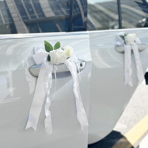zmoso 4PCS Wedding Car Door Handle Decorative Flowers, White Artificial Cars Bouquet Flower Bowknot Ribbon Decor, Just Married Automotive Decorations Accessories for Door Handles
