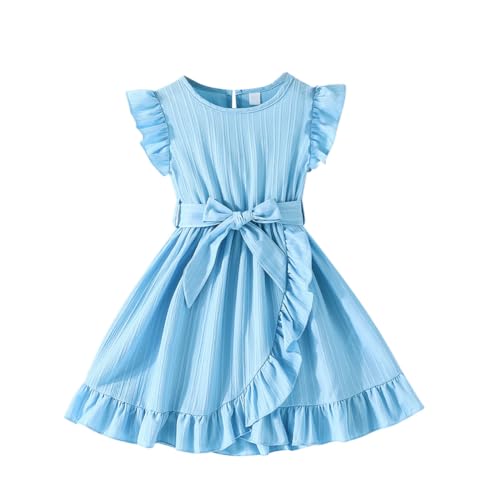 Girls Summer Dresses Ruffle Sleeve Dresses Flutter Bow A-Line Cute Midi Casual Sundress for 4-7Y
