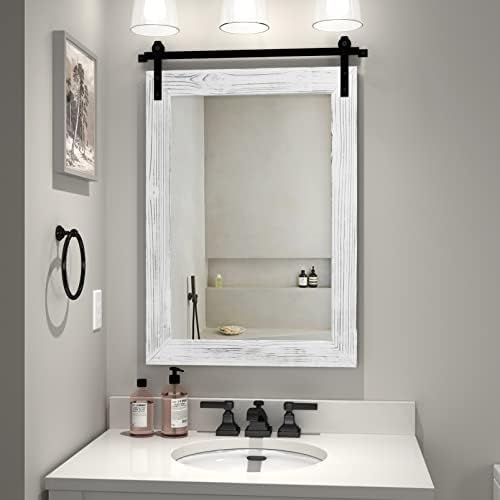 COGOOD Farmhouse Barn Door Mirror - 28 X 20 Rustic Wood Framed Wall Mirror for Bathroom, Living Room, Entryway Wall Decor (White)