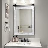COGOOD Farmhouse Barn Door Mirror - 28 X 20 Rustic Wood Framed Wall Mirror for Bathroom, Living Room