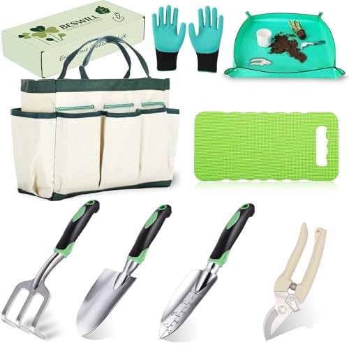 Beswill 8-Piece Heavy-Duty Gardening Tools Set with Tote Bag - Rust-Proof Aluminum Gardening Hand Tools with Ergonomic Non-Slip Rubber Grips - Gardening Supplies Set Ideal Gift for Men & Women