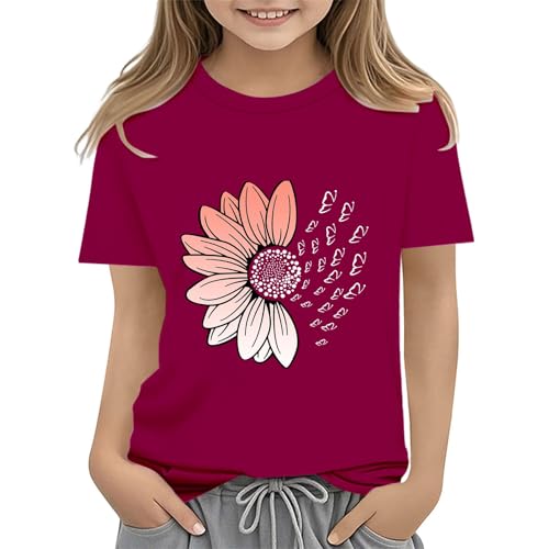 Girls Loose Fit Sunflower Graphic T Shirts Short Sleeve Crewneck Cute Pattern Printed Tops Kids (B-Wine, 10-11 Years)