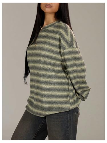 Image of BEAUDRM Women's Vintage Striped Drop Shoulder Sweater Y2k Crewneck Long Sleeve Pullover Knit Tops Green Medium
