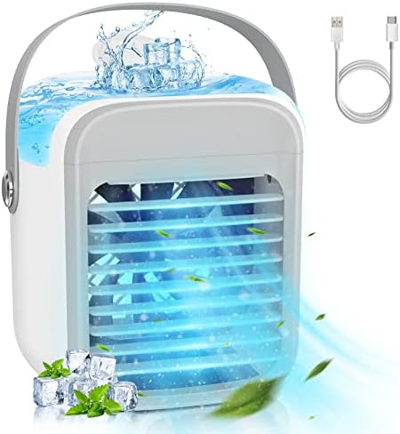 iKristin Portable Air Conditioner Fan,3 Speed Mini Air Conditioner,7 Color Lights,Small Air Cooler with Humidifier,2000mAh Battery Powered and USB Rechargeable Cooling Fan for Room Bedroom Desk Office