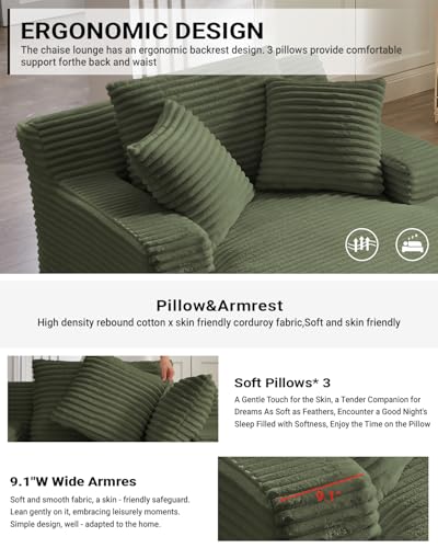 Image of 67 Inch Chaise Lounge Chair Indoor, Oversized Corduroy Upholstered Boneless Sofa Bed, Deep Seat Sleeper Couch Reading Chairs, Cloud Sofas Couches for Living Room, No Assembly Required (Olive Green)