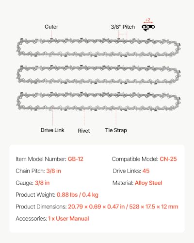 Image of VEVOR Chainsaw Chain 3 Pack 12 Inch 3 /8 inch Pitch 3 /8 inch Gauge 45 Drive Links | Fits VEVOR CN-25 Gas Chainsaw, Forged Alloy Steel, Replacement Saw Chains with Sharp Cutter Teeth & Wear-Resistant Tie Straps