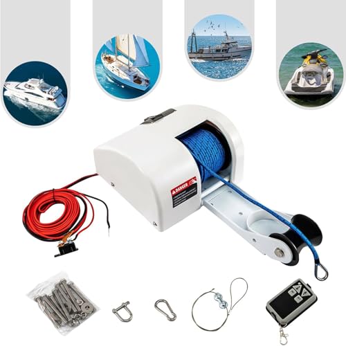 Verricello elettrico con telecomando, 12 V, per motoscafi e barche da pesca, con corda in nylon da 30,5 m