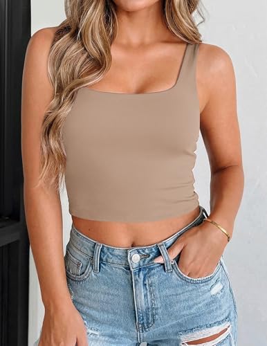 Zeagoo Crop Tops for Women Double Lined Basic Tank Top 2026 Summer Sleeveless Shirts Khaki - image 3