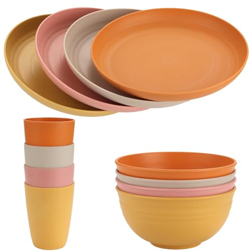 FUNYKICH 12 Piezas Juego de Vajilla de Cocina, Platos Irrompibles de Plástico para Camping y Exterior (Servicio para 4 Personas, 12 Piezas, Multicolor), Apto Microondas Y Lavavajillas