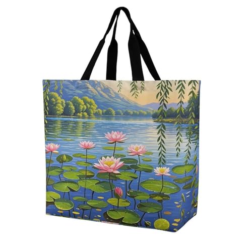 FekiLoot Willow Willow Lotus Lebensmitteltasche, extra groß, Strandtasche, Einkaufstasche, Einkaufstasche, faltbar, wiederverwendbar, für Arbeit, Reisen