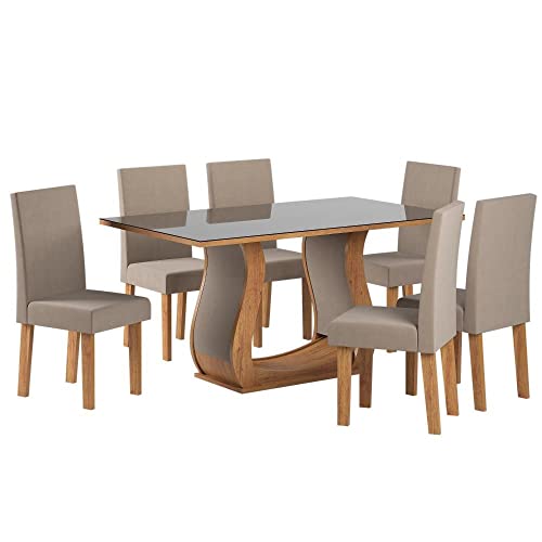 Conjunto Sala de Jantar Mesa Livia 160x80cm Tampo Vidro/mdf com 6 Cadeiras Venus Viero Móveis Mel/da
