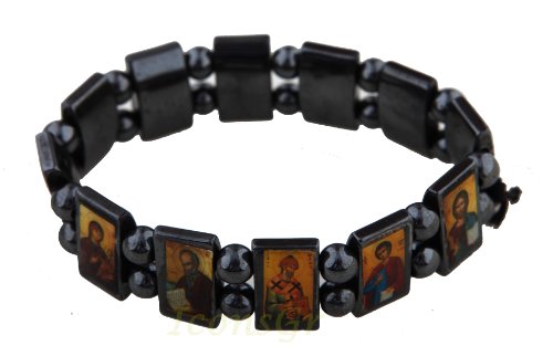 Iconsgr Christian Orthodox Greek Religious Hematite Bracelet with Saints