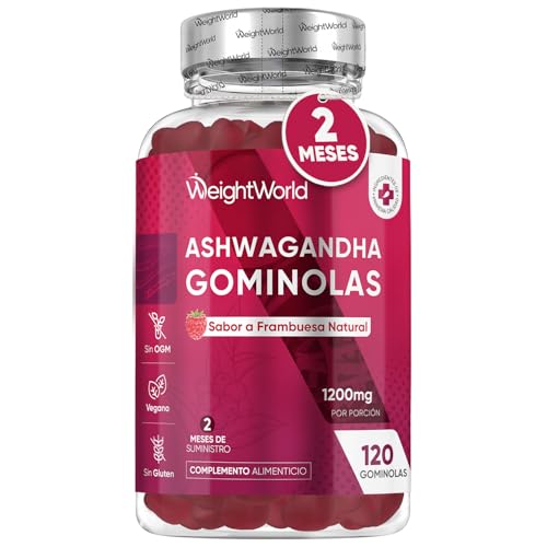Ashwagandha Gominolas 1200mg - 120 Gomitas Veganas con Sabor a Frambuesa - Suplemento Ayurveda de la Withania Somnifera, Sin Gluten, Sin Lactosa y Keto para 2 Meses