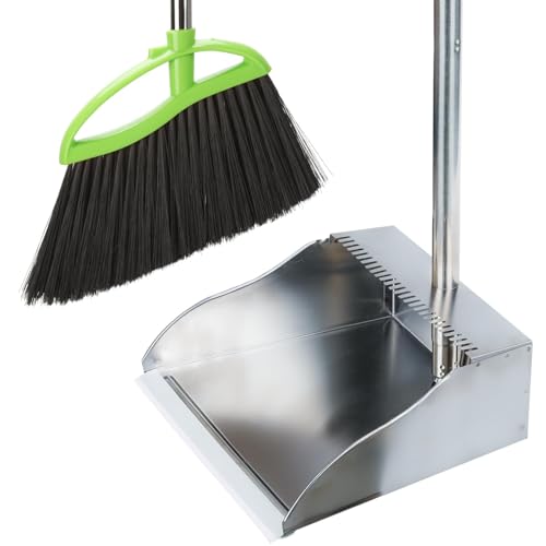 Metal Dustpan with Soft Bristles Indoor Broom, Green Angle Broom with Stand Up Dustpan for Hardwood Kitchen Floor Sweeping Indoor