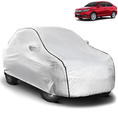 Image of Pivalo Car Cover for Honda Amaze All Model & Years (2013-2025) 100% Waterproof with Mirror Pockets, Triple Stitched Bottom Elastic Dustproof Full Body Protection (Heat & UV Resistant, Silver)