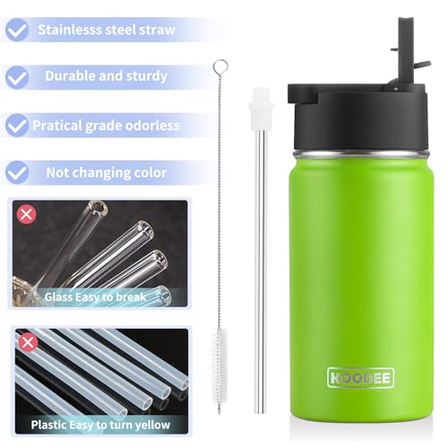Image of koodee Kids Water Bottle 12 oz Stainless Steel Vacuum Insulated Water Bottle for School, Small Sports Wide Mouth Water Bottle with Straw Lids(Apple Green)