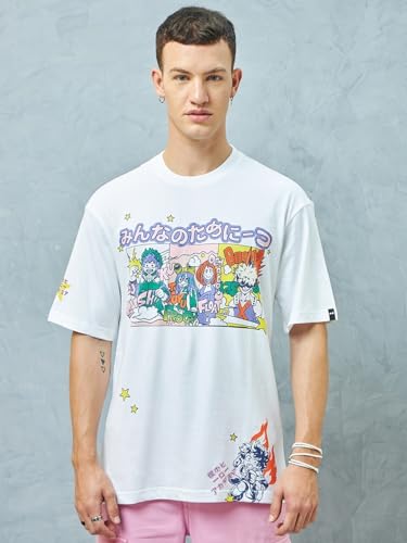 Image of Bewakoof Men's AOP Oversized Half Sleeve Round Neck Cotton Jersey T-Shirt 616651 White M