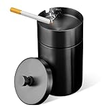 LSKASELUE Car Ashtray with Lid, Smell Proof Stainless Steel Auto Cup Holder Ash Tray, Detachable Extinguished Butt Bucket Windproof Ashtray for Vehicle Office Home, Car Accessories (Black)