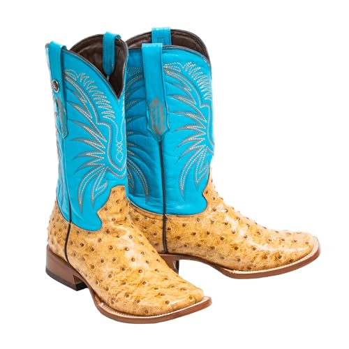 Men's Cowboy Boots Ostrich Print Rustic Orix/Turquoise Top EXTRA WIDE SQUARE TOE