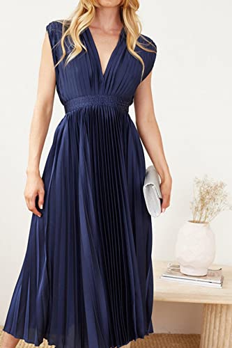 Yingkis Women's Summer Satin Dress Sleeveless Deep V Neck Low V-Back Pleated Party Cocktail Maxi Dresses,Navy L #TOP2