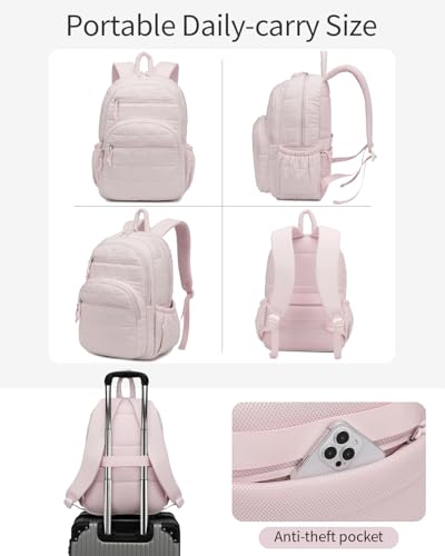 Image of Bookbag for Women, Teen Girls Backpack for High School College Student, Puffer Quilted Back Pack Cute Laptop Backpack 17.3in for Work Travel Mom Casual, Pink