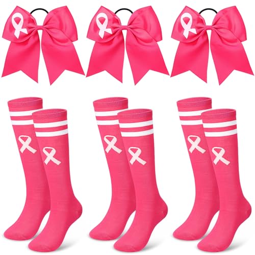 Zoooyawn Breast Cancer Socks Bows Set for Cheerleader, Pink Cheer Awareness Socks Cheerleader Bows Gifts