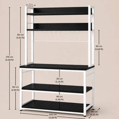 Image of 5-Tier Kitchen Organizer Rack-Multipurpose Microwave Stand for Kitchen Platform & OTG Oven-Steel Utensils Storage Shelf with Hooks - Engineered Wood & Metal Rack for Home- 100x40x170 cm - White /Black