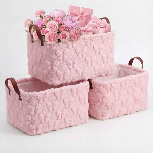 Kathfly 3 Pcs Bow Foldable Storage Baskets Pink Bow Plush Faux Fur Jacquard Design Laundry Basket with Handles Waterproof Storage Bins Fabric Shelf Baskets for Organizing Closet Clothes by Kathfly - Used condition - US$28.49