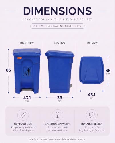 Image of pedal dustbin with lid, heavy duty plastic garbage bin, hands-free step-on waste bin for kitchen, office, home, hotel, bathroom & outdoor use (Blue, 65 Liters)