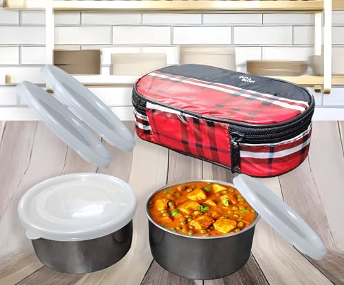 Image of Taxton Stainless Steel Lunch Box with 2 Containers and Insulated Carry Bag, Checkered Pattern, Plastic Lid (Red)