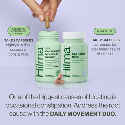 Image of Hilma Daily Gas & Bloat Relief, Occasional Constipation Duo, 96 Vegan Caps | Constipation & Bloating Relief with Lemon & Peppermint 50 ct, and Gentle Bowel Support with Magnesium & Ginger 46 ct