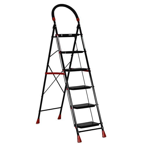 Image of FLIPZON Halo Foldable 6 Step Ladder for Home and Office Use | Alloy Steel | Wide Steps | Wobble-Free | Skid-Free Steps | Durable Safety Ladder | Rust Free | Anti-Skid (Black)
