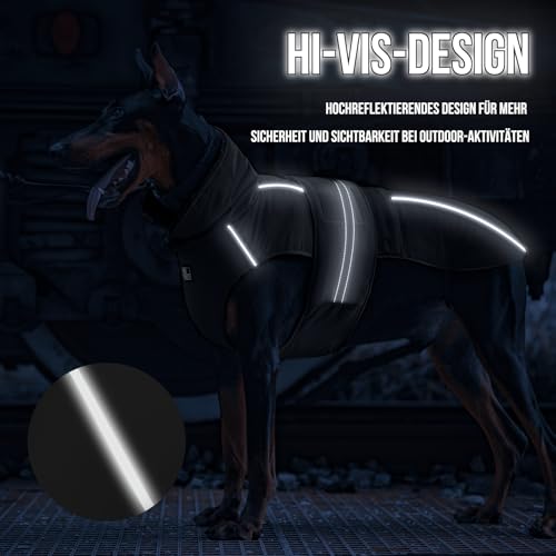 OneTigris Hundemantel, STORMWALL Wasserdicht Hundejacke mit Verstellbarer Rückenlänge Fleecefutter Reflektierend und Fellkragen für Wanderungen Outdoor für Mittelere & Große Hunde Schwarz M