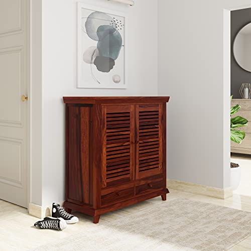 Image of Amazon Brand - Solimo Deimo Solid Sheesham Wood Shoe Rack | Wooden Footwear Organizer with 8 Shelves & 2 Drawers Shoe Cabinet for Home (Honey Finish)