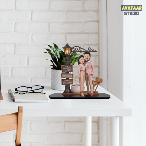 Image of Wood Rectangular Personalized Caricature Gift for Couple, 7 Inches, Tabletop Multicolor, Art Deco Style (COUPLE 14)
