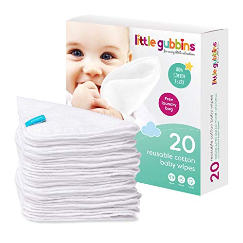 Little Gubbins 20 toallitas de algodón para bebé | Pack de 20 cm x 20 cm reutilizables, suaves paños de toalla blancos, ideales para golpes, manos y caras, 100% natural y libre de plástico
