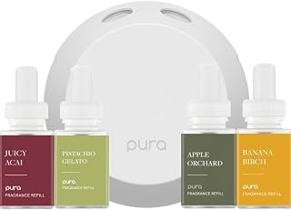 Pura - Smart Home Fragrance Device Starter Set - Pura 4 - Scent Diffuser for Home - Includes Fragrance Aroma Diffuser & 4 Refills Juicy Acai, Pistachio Gelato, Apple Orchards, Banana Birch Scent