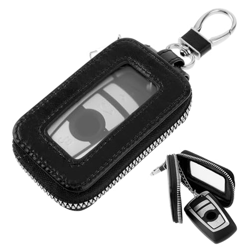 Amabro Étui en cuir pour clé de voiture, porte-clé avec crochet en métal et sac à fermeture éclair transparent pour clé de voiture pour homme et femme,...