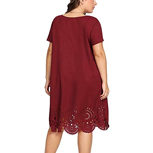 Kingwo Howllow Out Dress,Fashion Bohemian Elegant Plus Size Mini Dress Women Solid Short Sleeve O-Neck Large Size Loose Dress Red