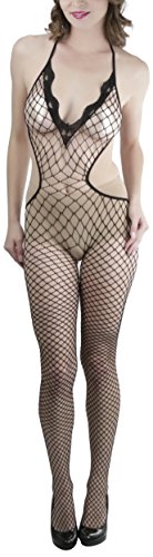 Image of ToBeInStyle Women's Bodystocking Crotchless Peek-A-Boo Fishnet Lace Bodysuit