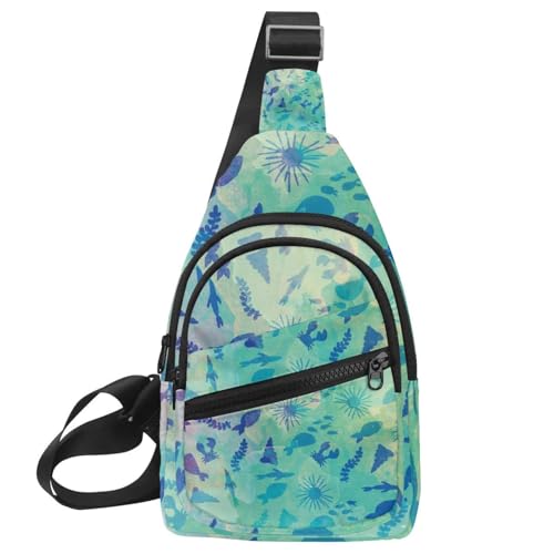 Bolso bandolera de algas marinas y peces azules estilo acuarela